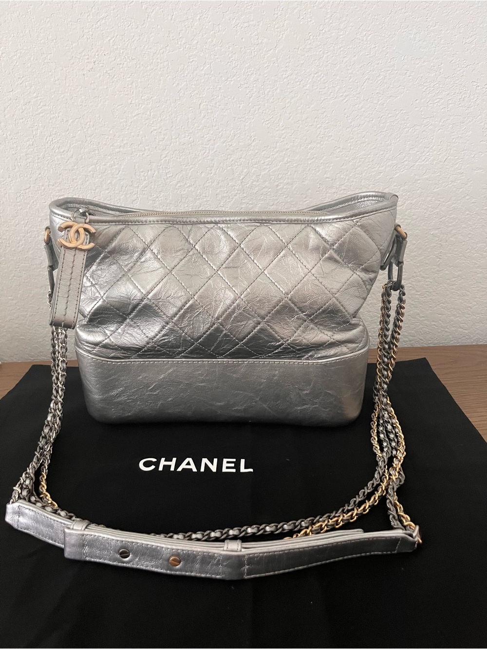 CHANEL Gabrielle Hobo Metallic Silver Quilted Leather 2 tone hardware